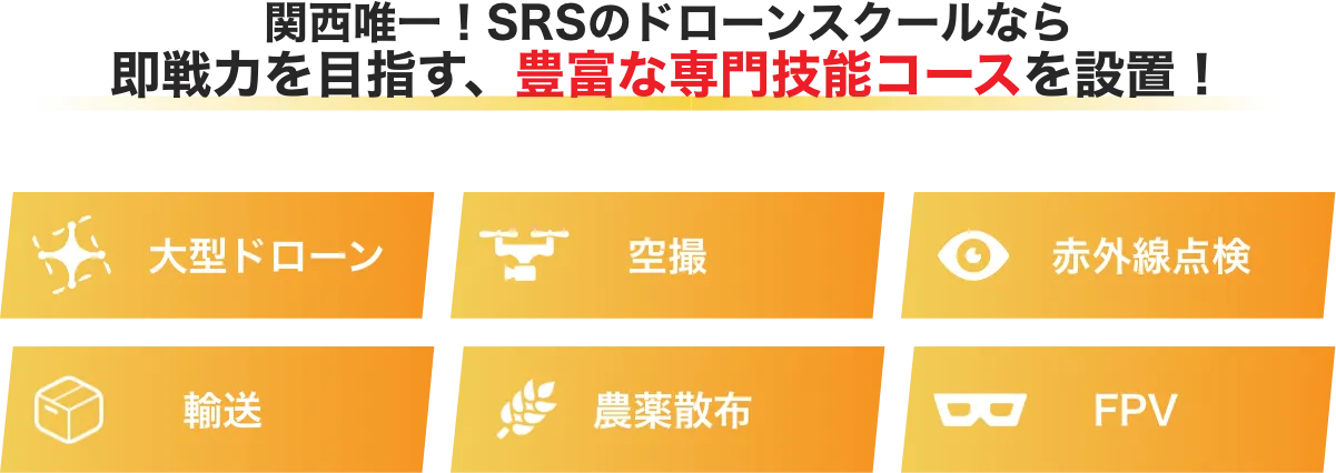 関西唯一！SRSのドローンスクールなら即戦力を目指す、豊富な専門技能コースを設置！
